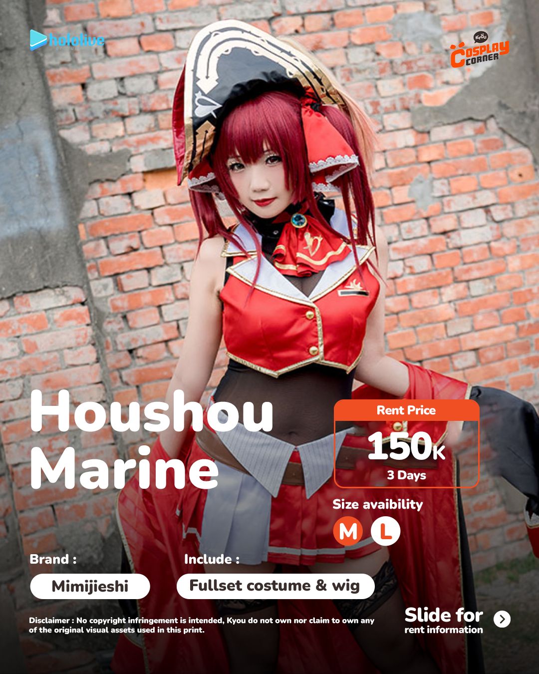 [RENT] Mimijieshi Houshou Marine Cosplay Costume Set - Hololive (Size L ...
